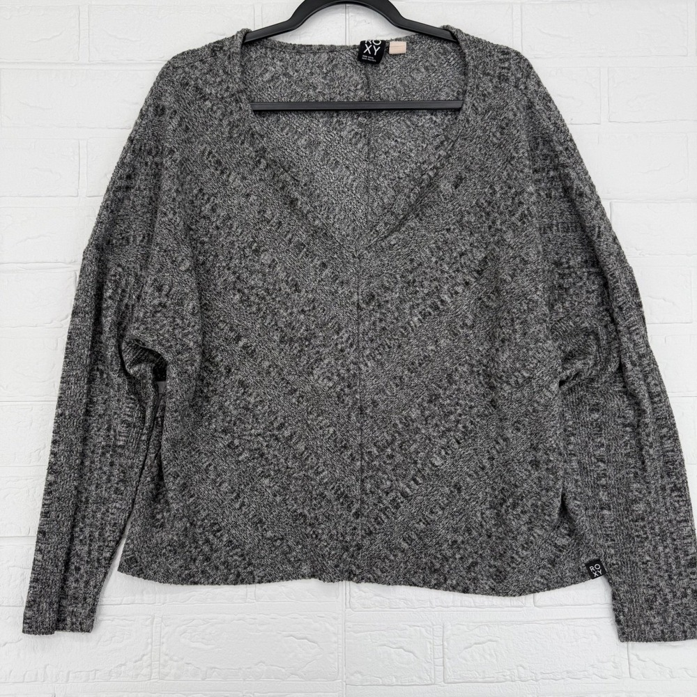 VTG Roxy Grey Ribbed V-Neck Sweater Slouchy Granola Girl Surfcore Coquette L